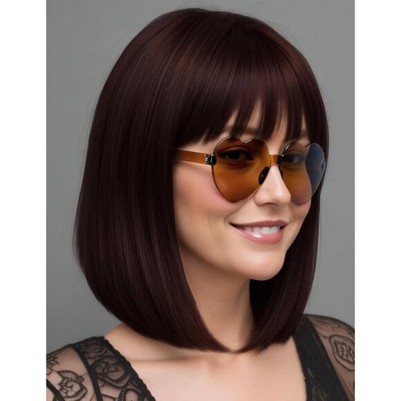 Women's Reddish Brown 12 Inch Costume Cosplay Party Short Bob Wigs And Sunglass - Picture 3 of 7